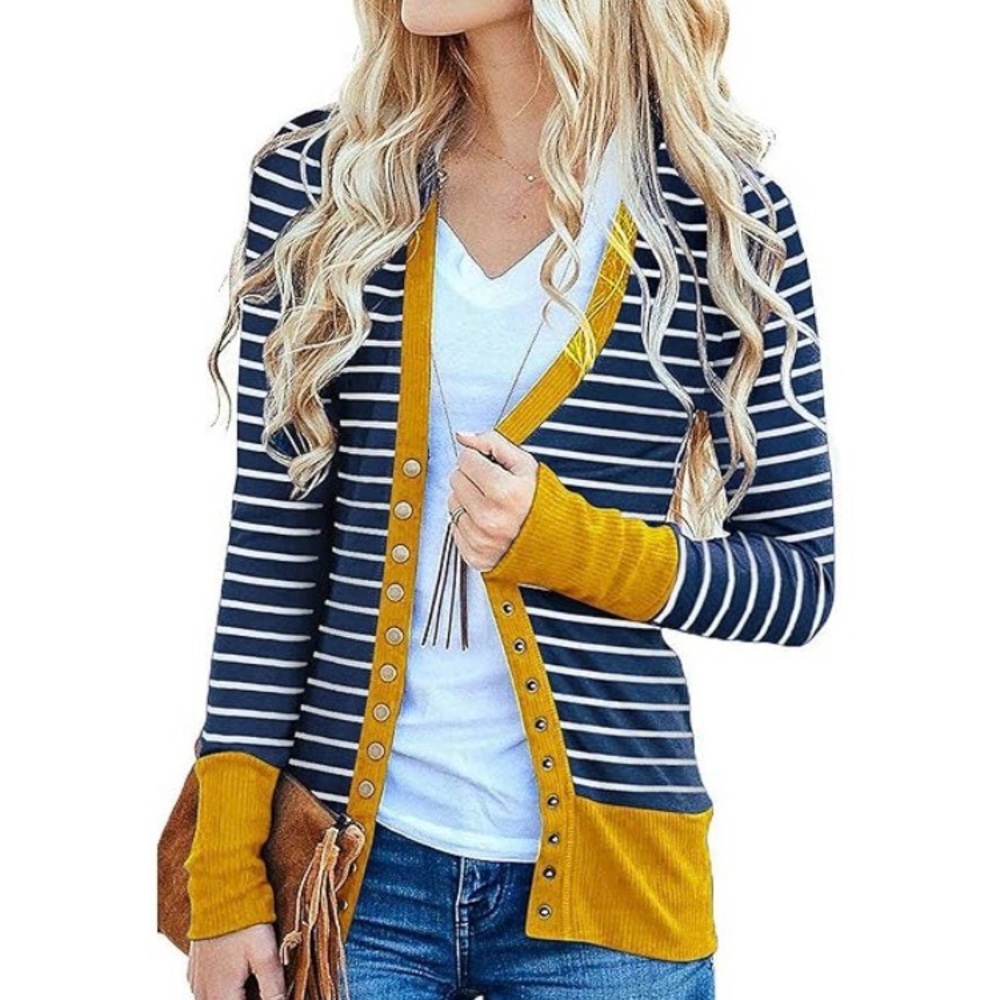 Women’s Navy Yellow Striped Longline Cardigan Snap Metal Buttons Teacher Small